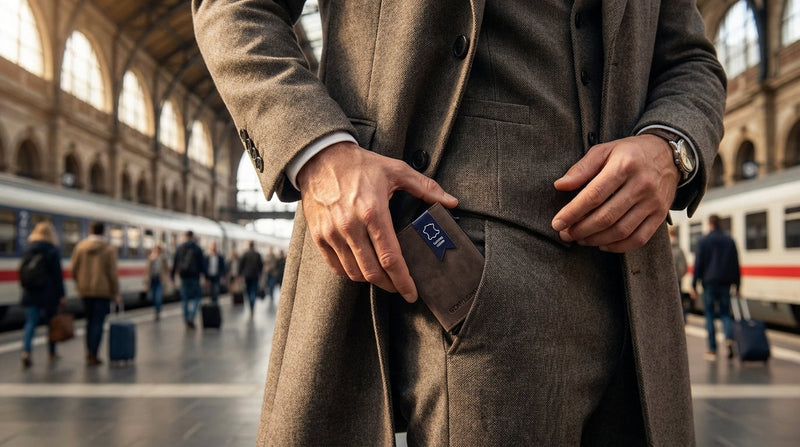 Smart wallet next to a classic billfold, trouser pocket comparison.