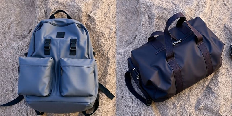 Backpack and travel bag side by side on a wooden floor.